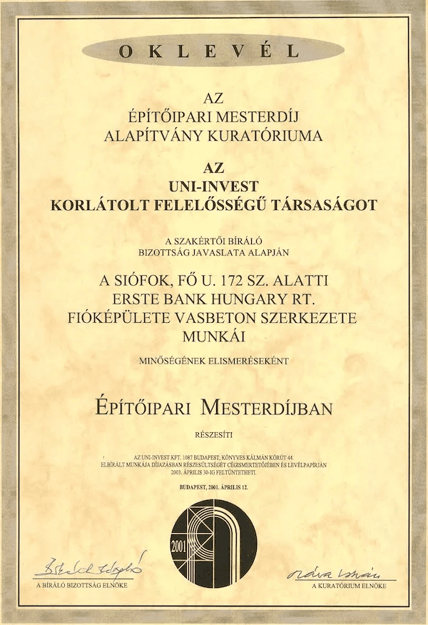 Építőipari Mesterdíj oklevél